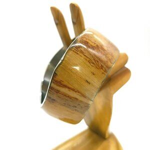 Stainless Steel & Wood Grain Inlay Banana Bark Cuff Bracelet
